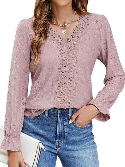 Lace Detail Eyelet V-Neck Flounce Sleeve Blouse - Clothes For Her Online Store