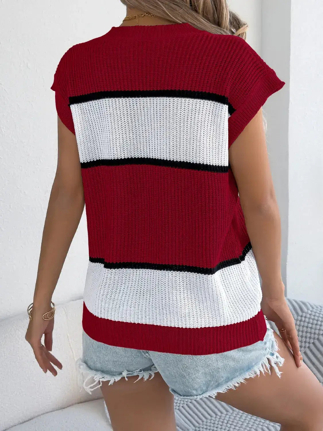 Color Block Round Neck Cap Sleeve Knit Top - Clothes For Her Online Store