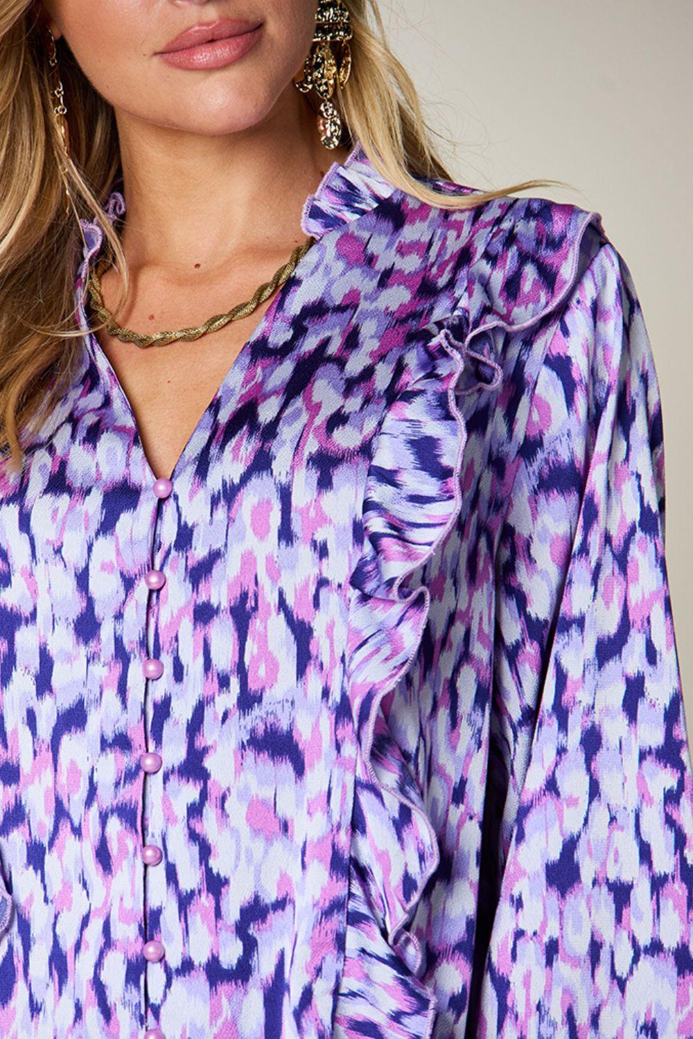Double Take Full Size Printed Ruffle Trim Balloon Sleeve Shirt - Clothes For Her Online Store