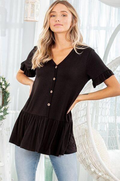 Heimish Full Size Ruffled V-Neck Short Sleeve Blouse Plus Size - Clothes For Her Online Store