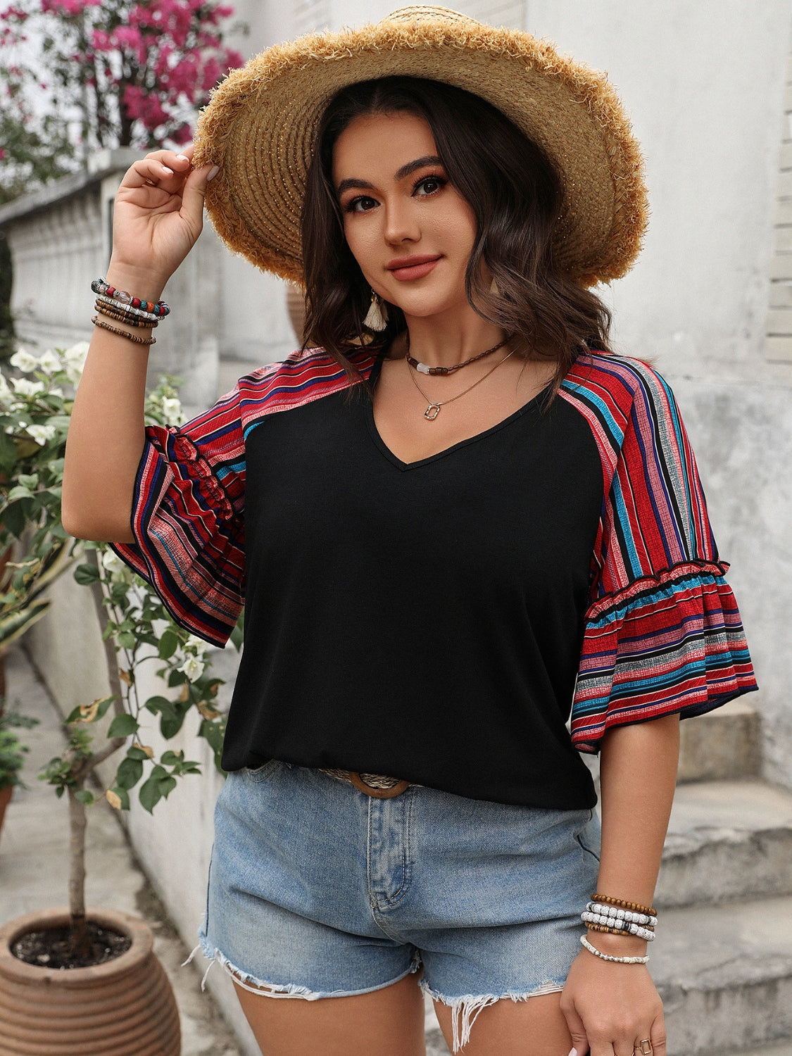 Plus Size V-Neck Flounce Sleeve Top - Clothes For Her Online Store