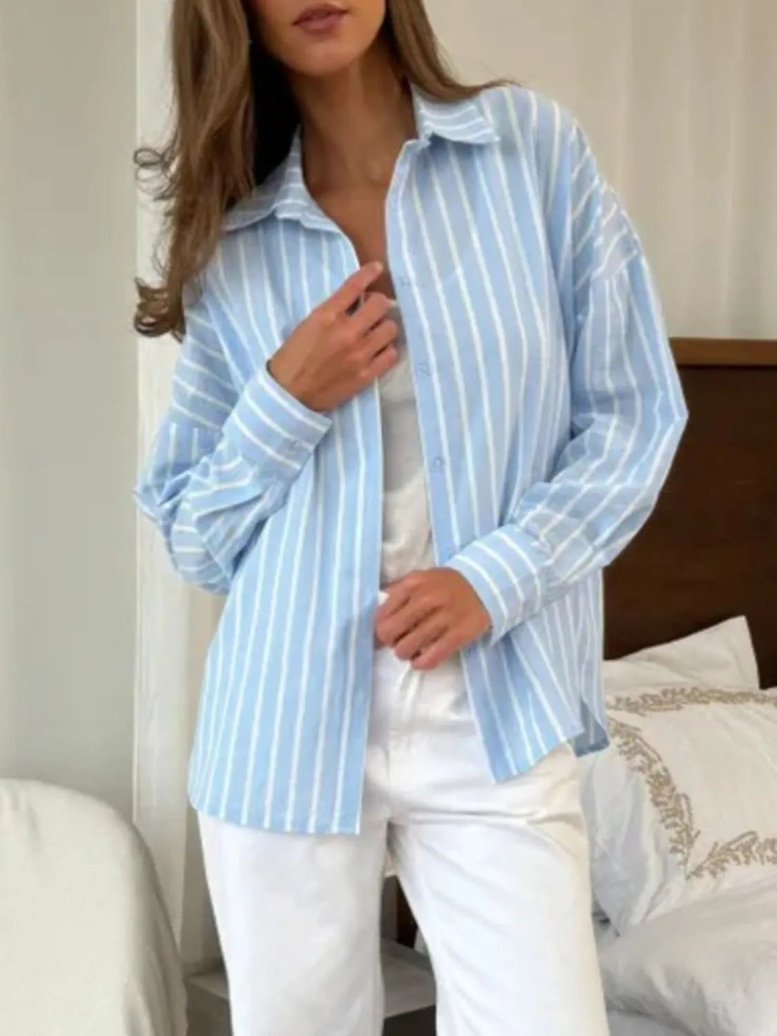 Striped Collared Neck Long Sleeve Shirt