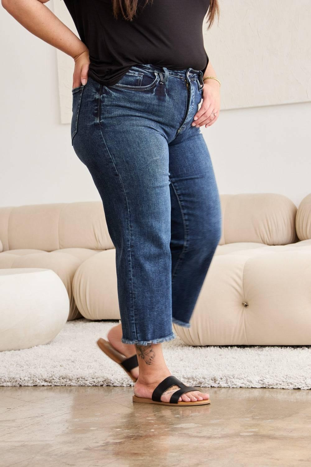 RFM Full Size Tummy Control High Waist Raw Hem Jeans - Clothes For Her Online Store