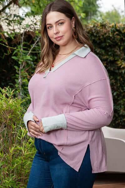 Plus Size Exposed Seam Johnny Collar Long Sleeve T-Shirt - Clothes For Her Online Store
