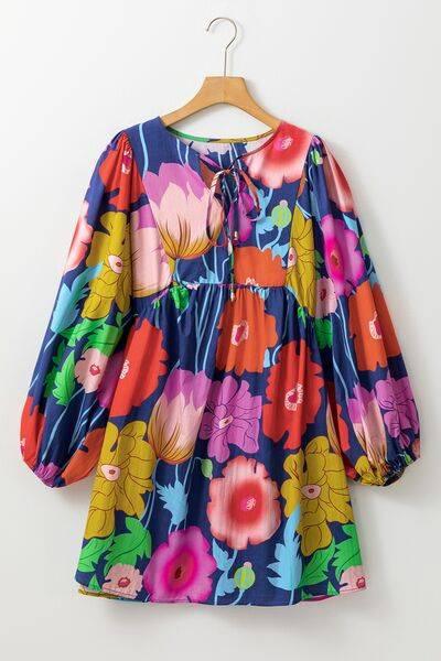 Plus Size Printed Tie Neck Long Sleeve Dress - Clothes For Her Online Store