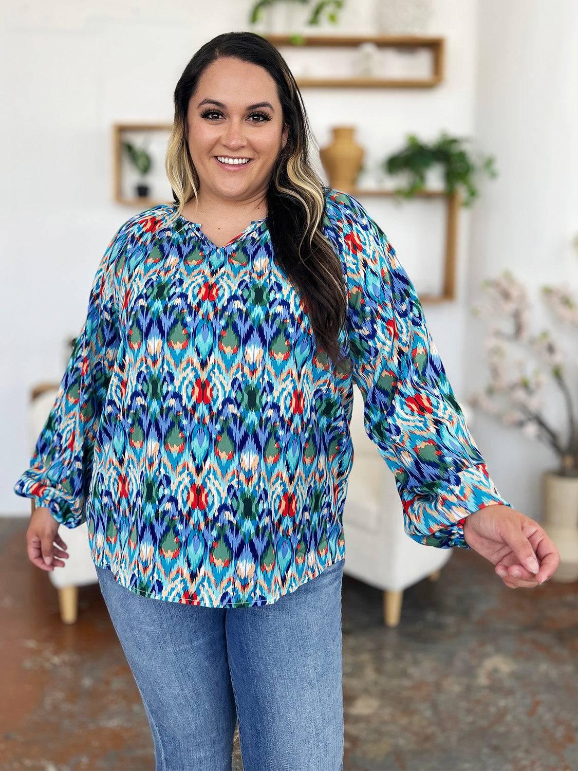 Double Take Full Size Printed Balloon Sleeve Blouse - Clothes For Her Online Store