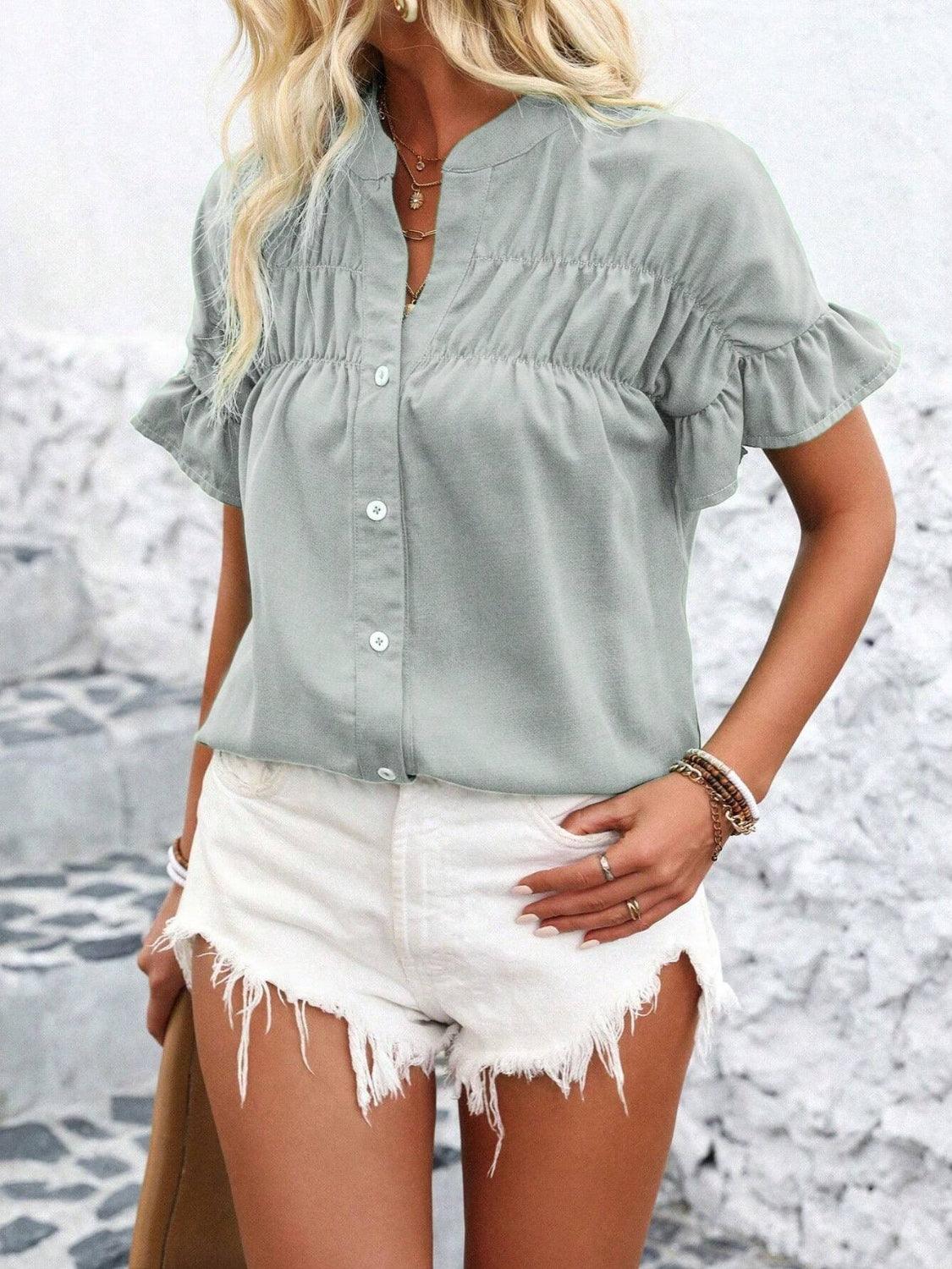 Button Down Ruffled Short Sleeve Shirt - Clothes For Her Online Store