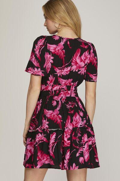 She + Sky Full Size Printed Notched Short Sleeve Frill Tiered Dress Plus Size - Clothes For Her Online Store