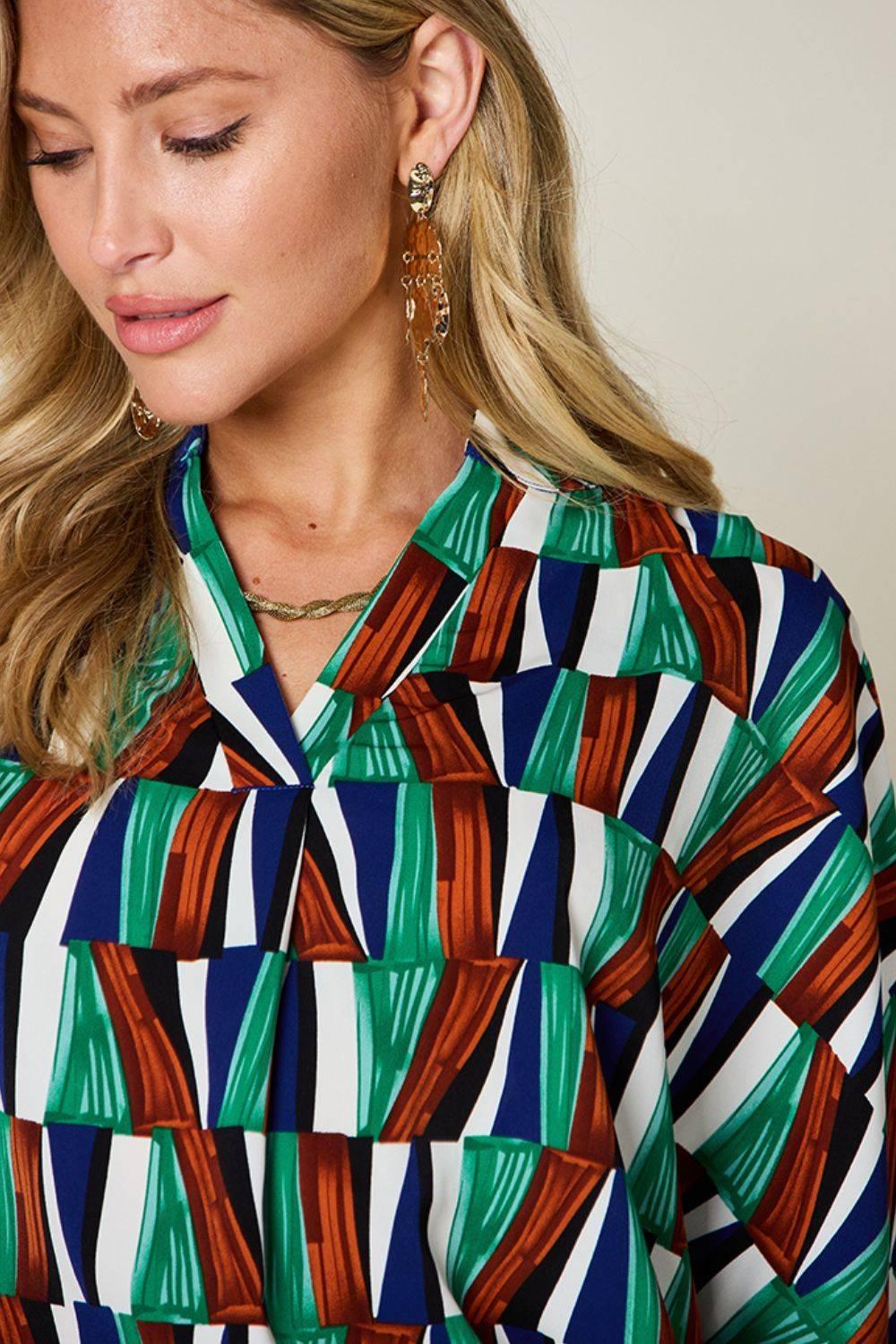 Double Take Full Size Geometric Notched Dolman Sleeve Top - Clothes For Her Online Store