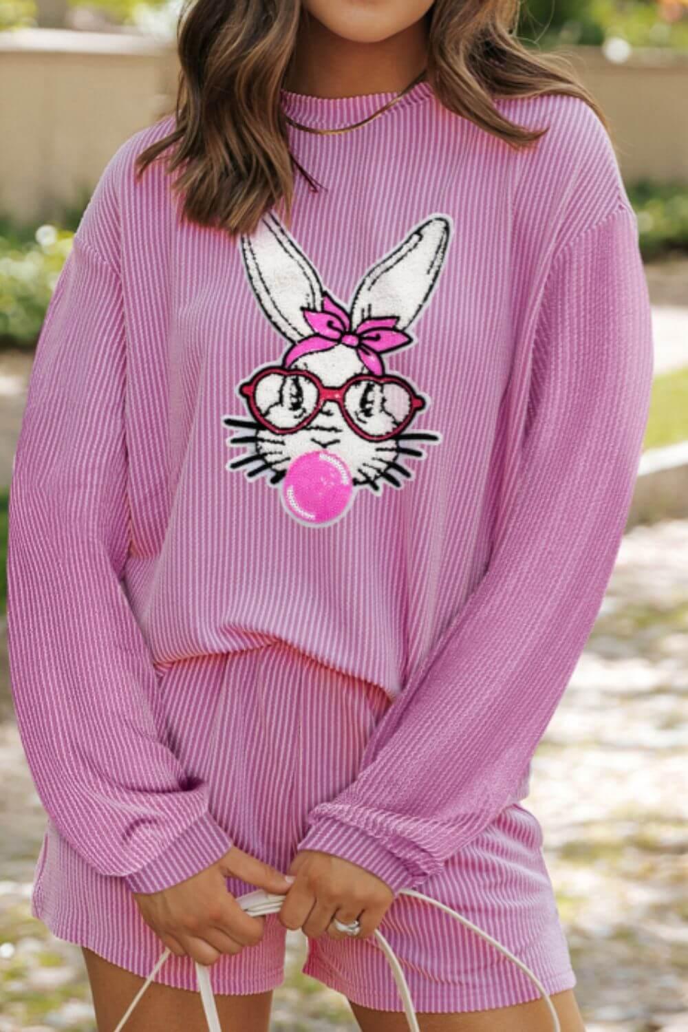 Bubble Gum Rabbit Sequin Corded Rib Top and Shorts Set