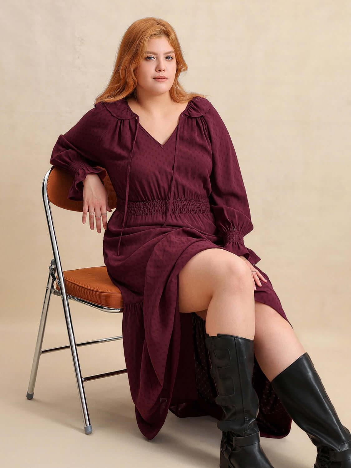 Plus Size Swiss Dot Tie Neck Flounce Sleeve Maxi Dress - Clothes For Her Online Store