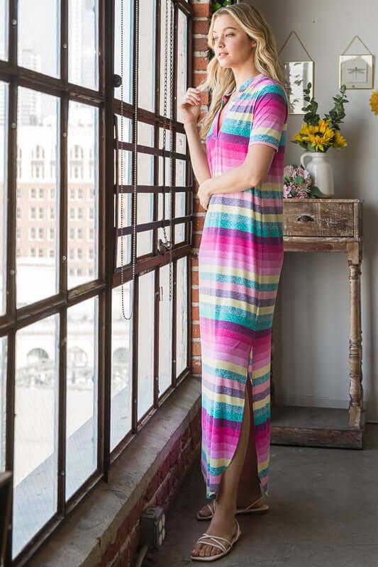Heimish Full Size Striped Short Sleeve Maxi Tee Dress Plus Size - Clothes For Her Online Store
