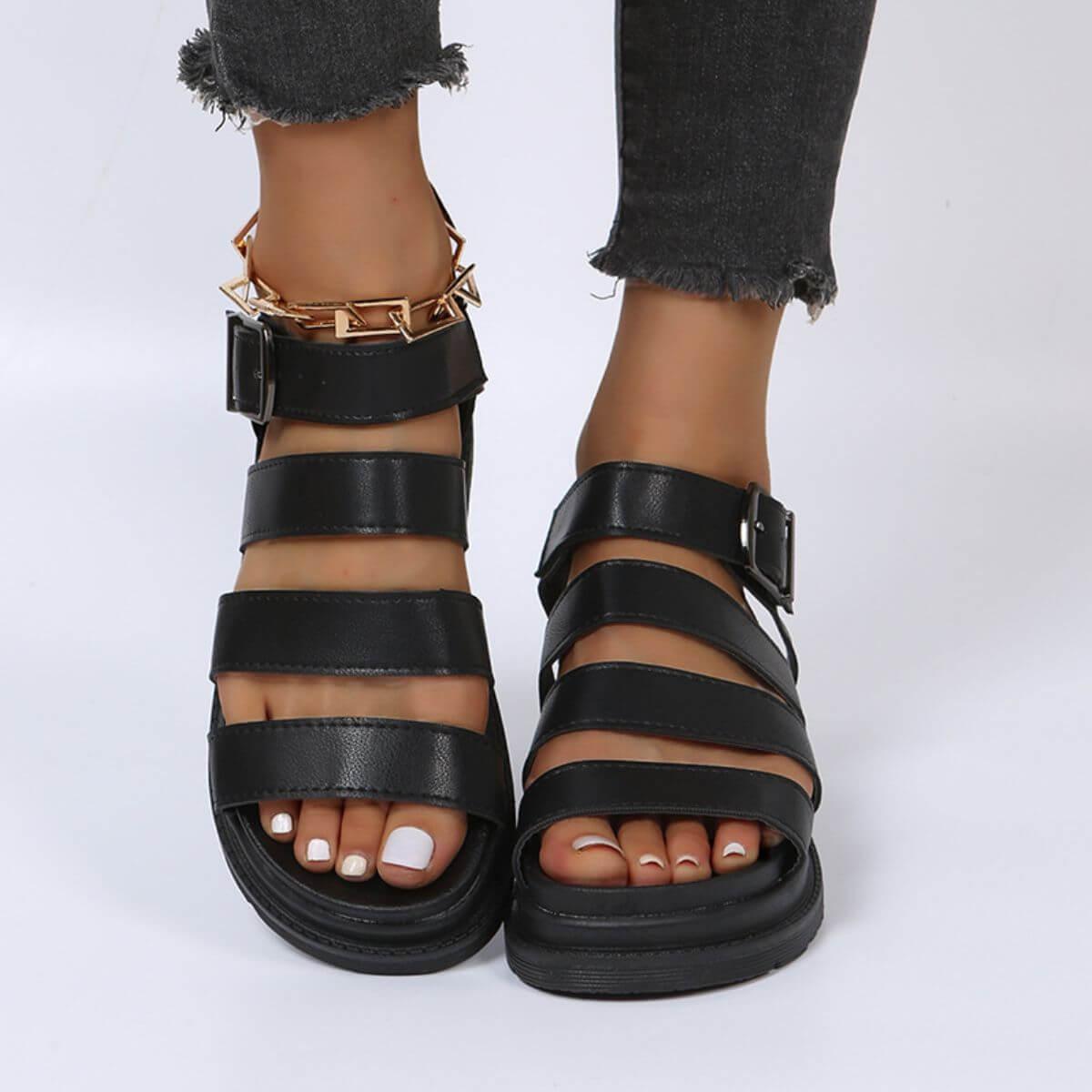 Peep Toe Buckle Platform Sandals - Clothes For Her Online Store