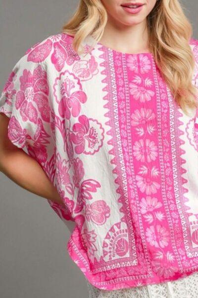 Umgee Full Size Floral Border Print Oversized Top Plus Size - Clothes For Her Online Store