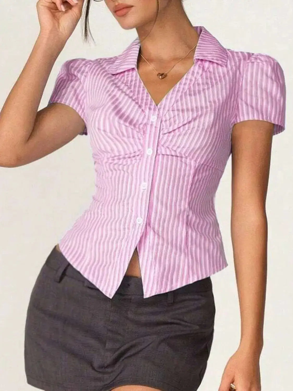 Striped Collared Neck Short Sleeve Shirt
