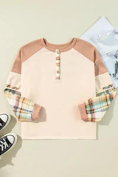 Plus Size Waffle-Knit Detail Plaid Round Neck Top - Clothes For Her Online Store