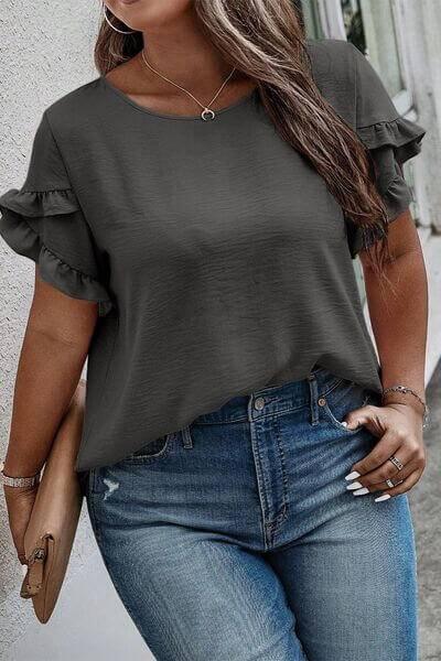 Plus Size Ruffled Round Neck Short Sleeve Blouse - Clothes For Her Online Store