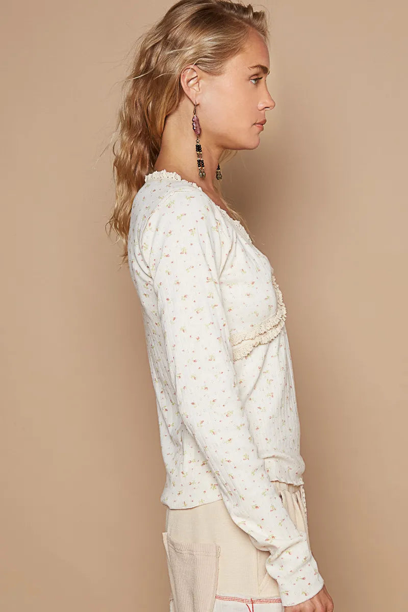 POL Floral V-Neck Long Sleeve T-Shirt