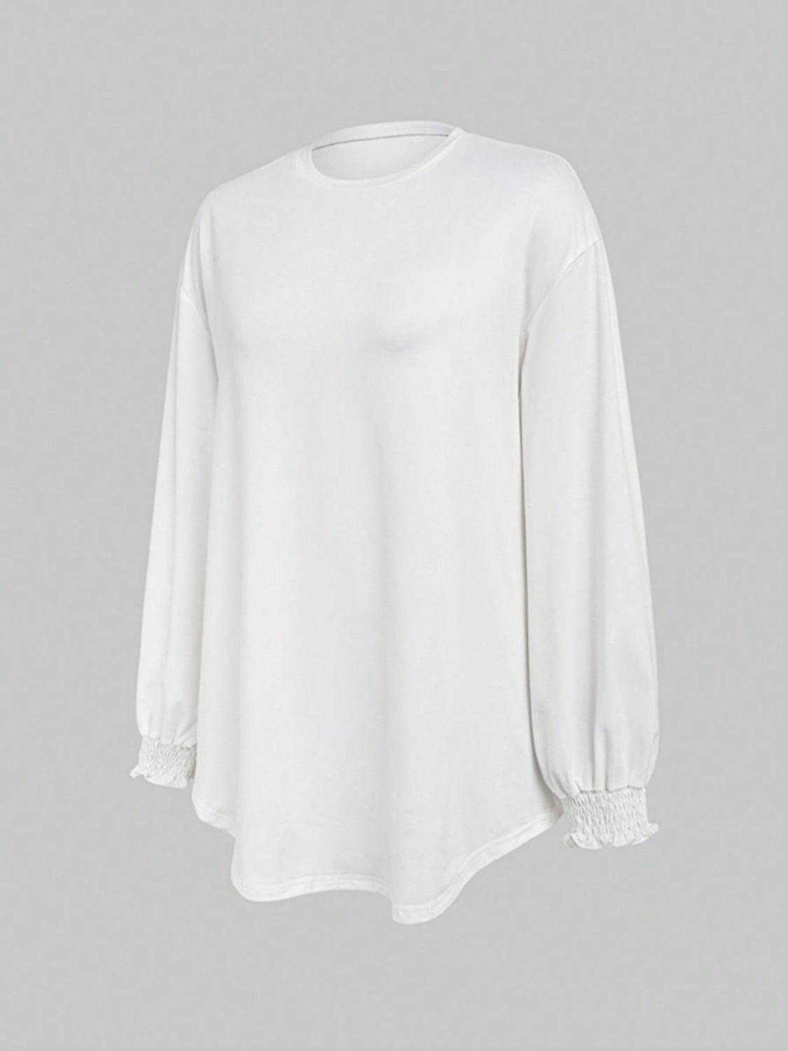 Smocked Cuff Round Neck Long Sleeve T-Shirt - Clothes For Her Online Store