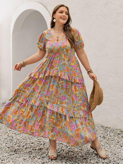 Plus Size Printed V-Neck Short Sleeve Maxi Dress - Clothes For Her Online Store