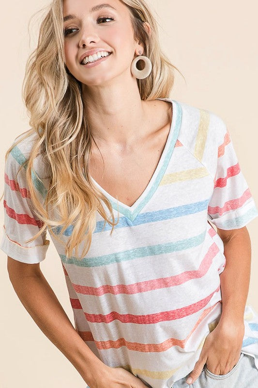 BiBi Striped V-Neck Short Sleeve T-Shirt - Clothes For Her Online Store