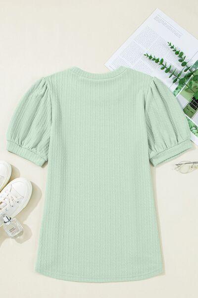 Textured Round Neck Short Puff Sleeve Top - Clothes For Her Online Store