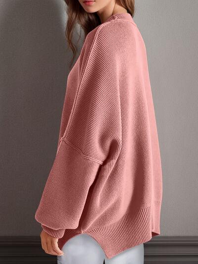 Double Take Side Slit Round Neck Long Sleeve Sweater - Clothes For Her Online Store