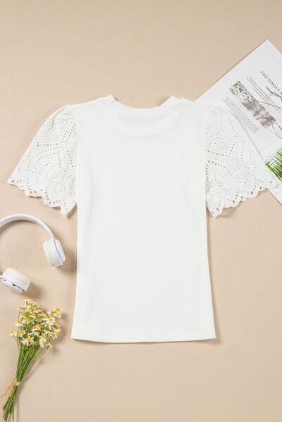 Eyelet Short Sleeve Patchwork Ribbed Top - Clothes For Her Online Store