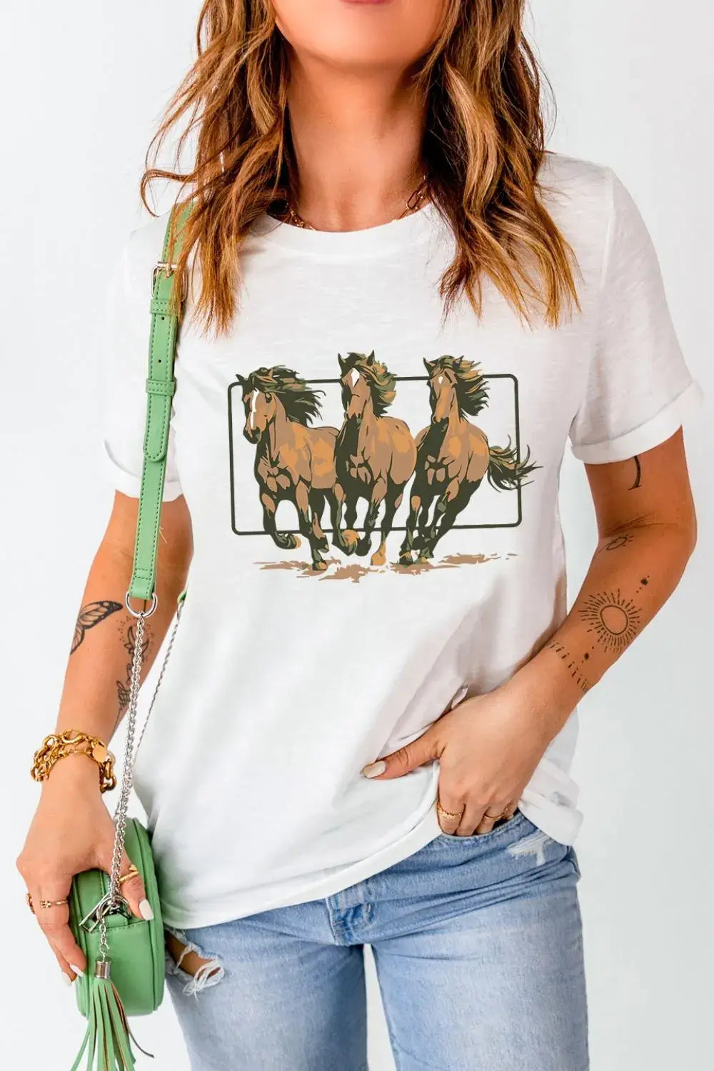 Texas Horse Graphic Cuffed Sleeve T Shirt - Clothes For Her Online Store