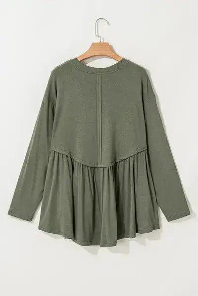 Plus Size Peplum Round Neck Long Sleeve Blouse - Clothes For Her Online Store