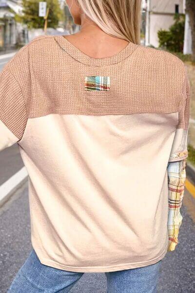 Plus Size Waffle-Knit Detail Plaid Round Neck Top - Clothes For Her Online Store