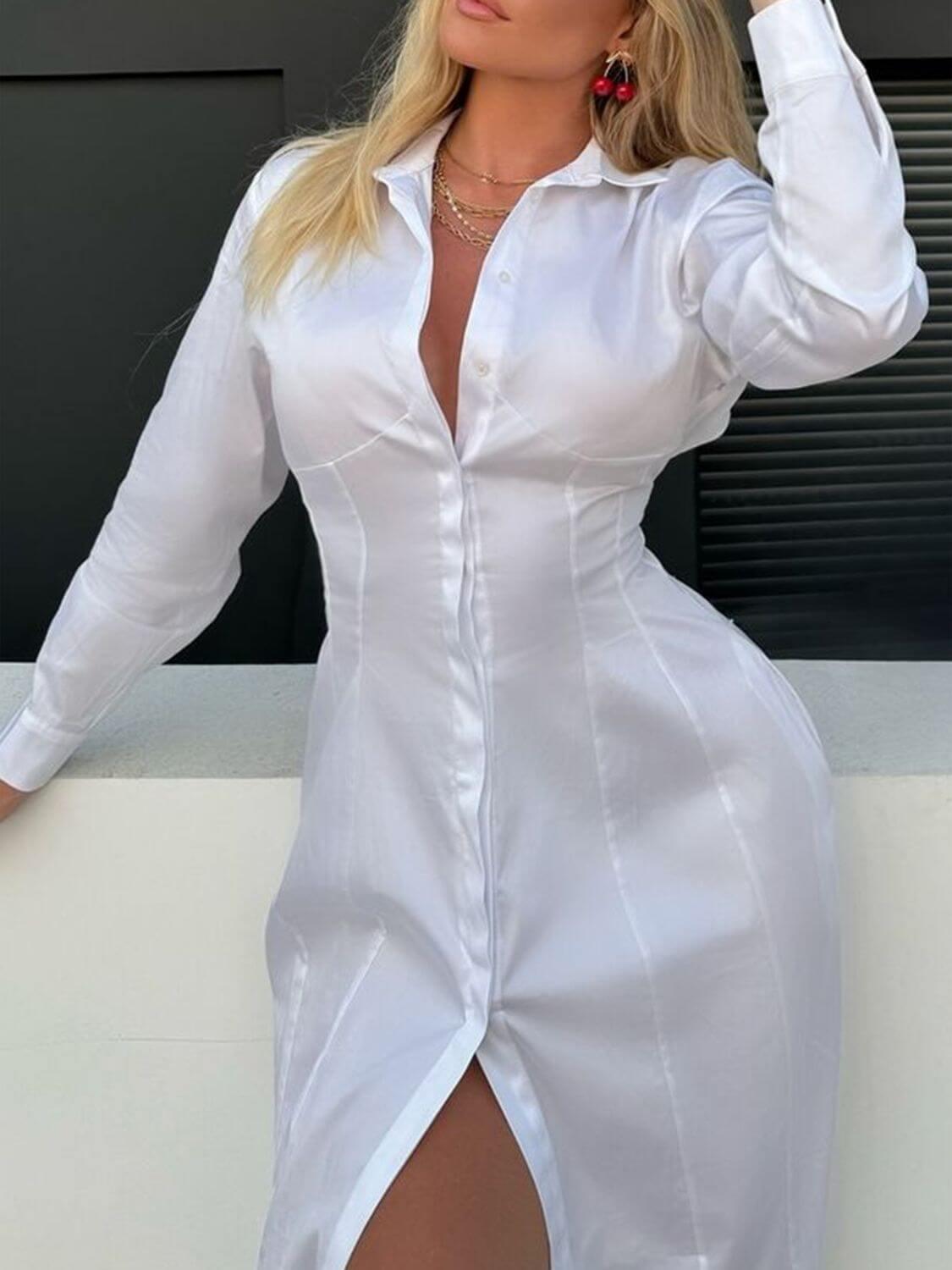 Devine Backless Long Sleeve Midi Shirt Dress - Clothes For Her Online Store