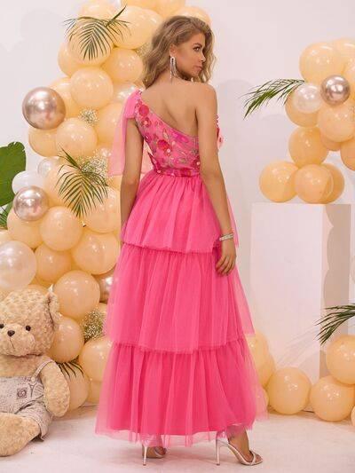 Embroidered Layered Single Shoulder Midi Dress - Clothes For Her Online Store