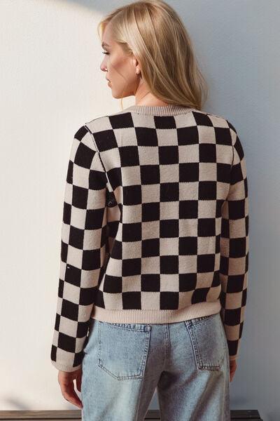 Double Take Full Size Checkered Tie Front Long Sleeve Cardigan - Clothes For Her Online Store