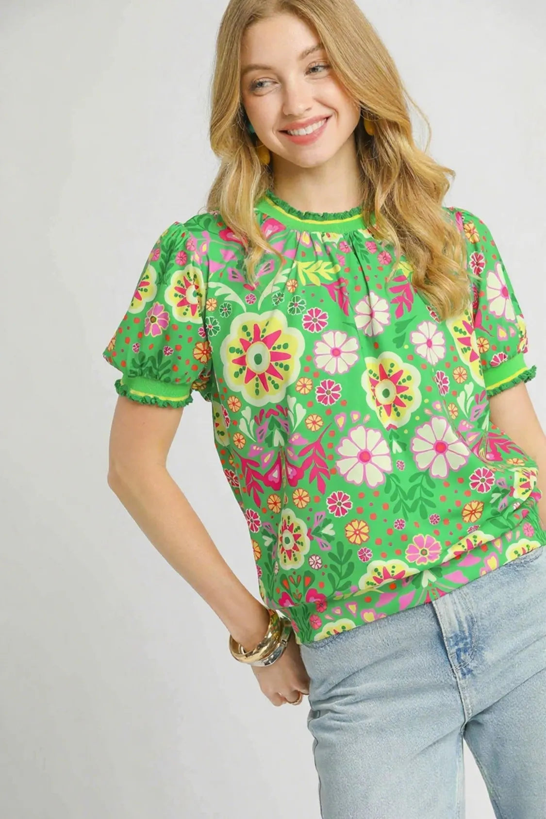 Umgee Retro Floral Puff Sleeve Top