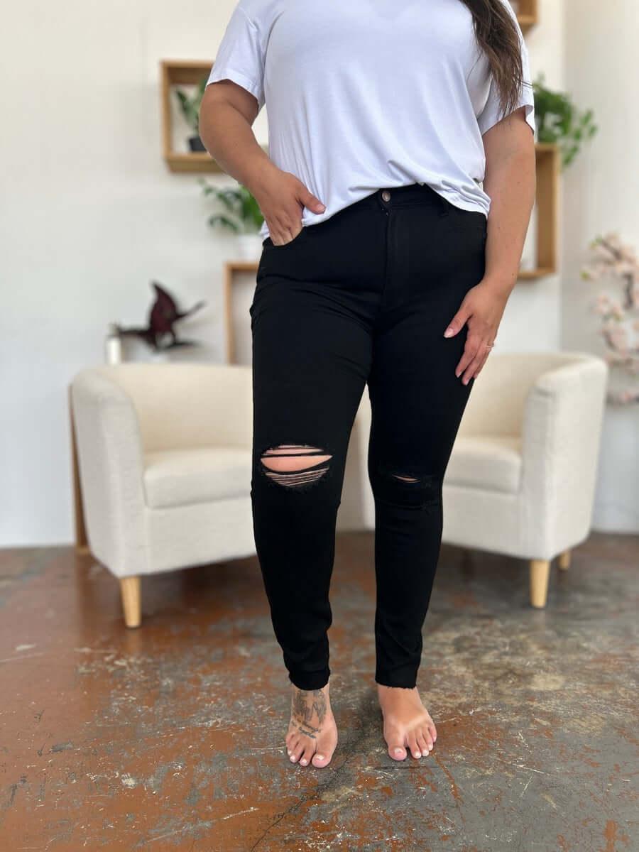Judy Blue Full Size Distressed Tummy Control High Waist Skinny Jeans - Clothes For Her Online Store