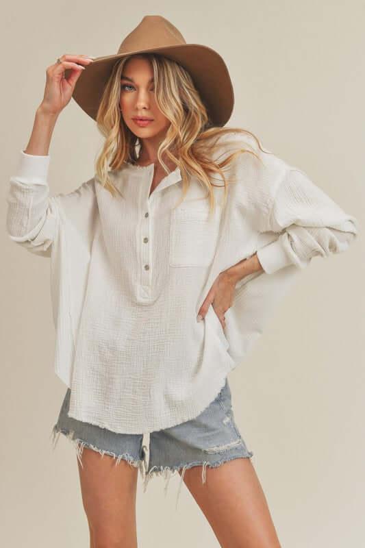 Aemi + Co Exposed Seam Raw Hem Half Button Top - Clothes For Her Online Store