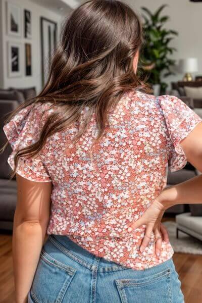 Plus Size Ruffled Floral Mock Neck Cap Sleeve Blouse - Clothes For Her Online Store