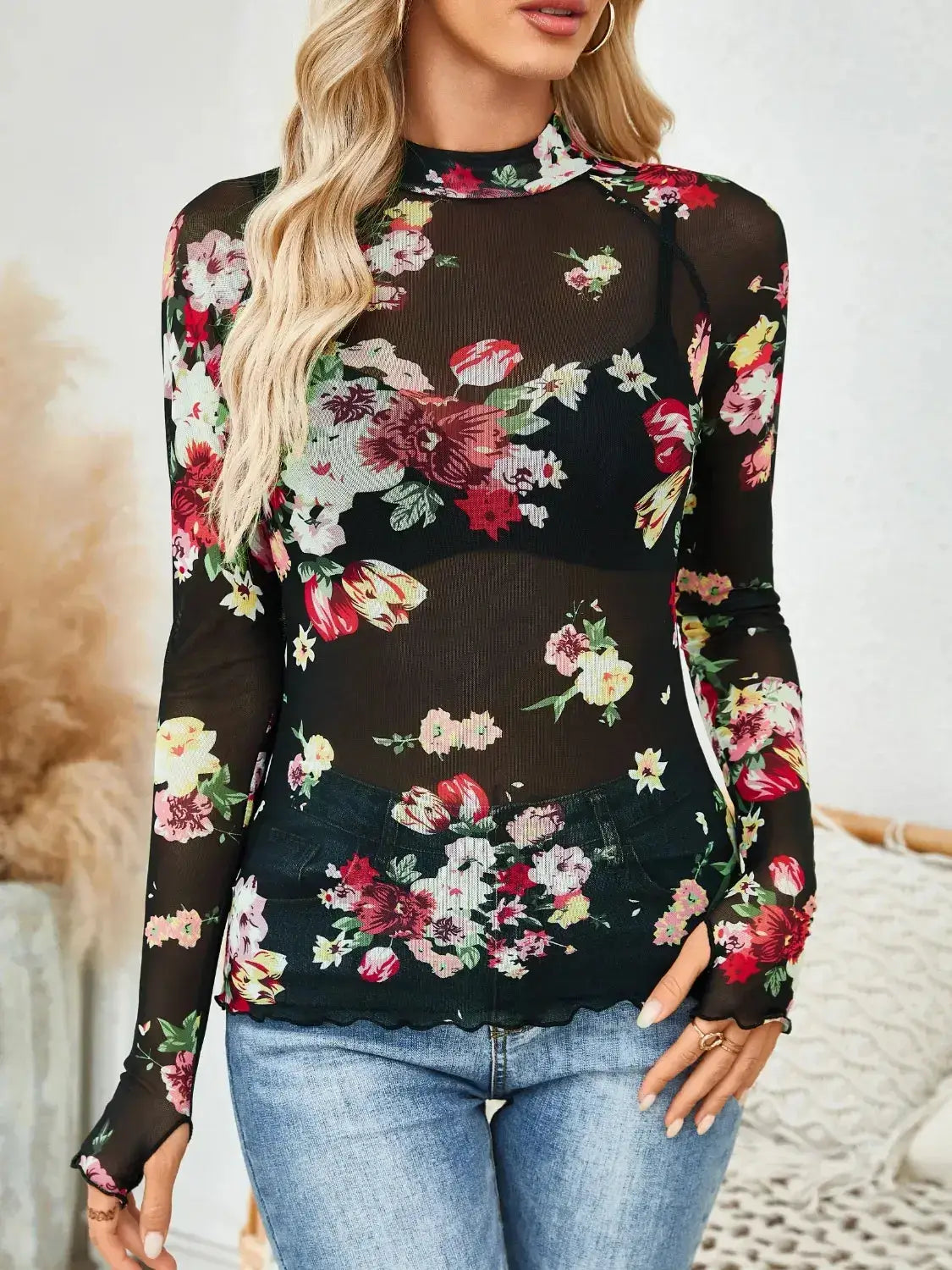 Floral Mock Neck Long Sleeve Top - Clothes For Her Online Store
