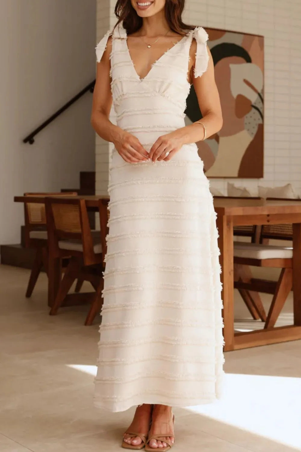 Textured V-Neck Tie Shoulder Dress