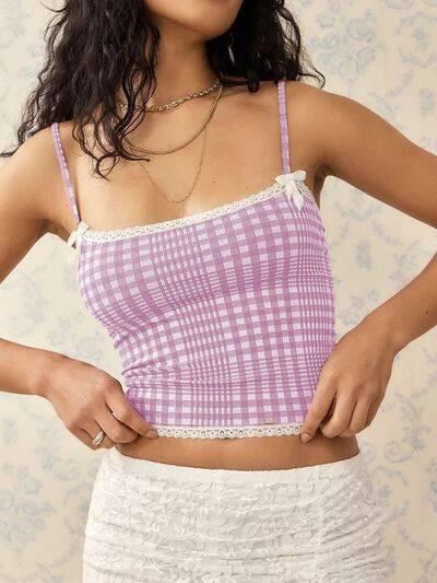 Lace Detail Plaid Square Neck Cami - Clothes For Her Online Store