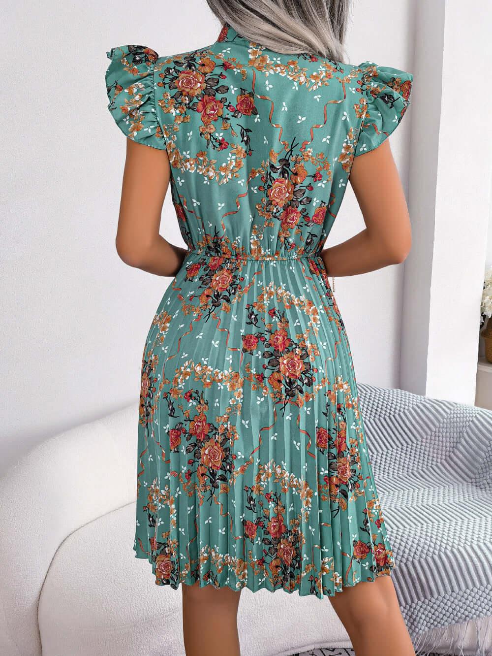 Pleated Floral Printed Tie Neck Knee Length Dress - Clothes For Her Online Store