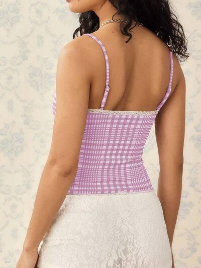 Lace Detail Plaid Square Neck Cami - Clothes For Her Online Store