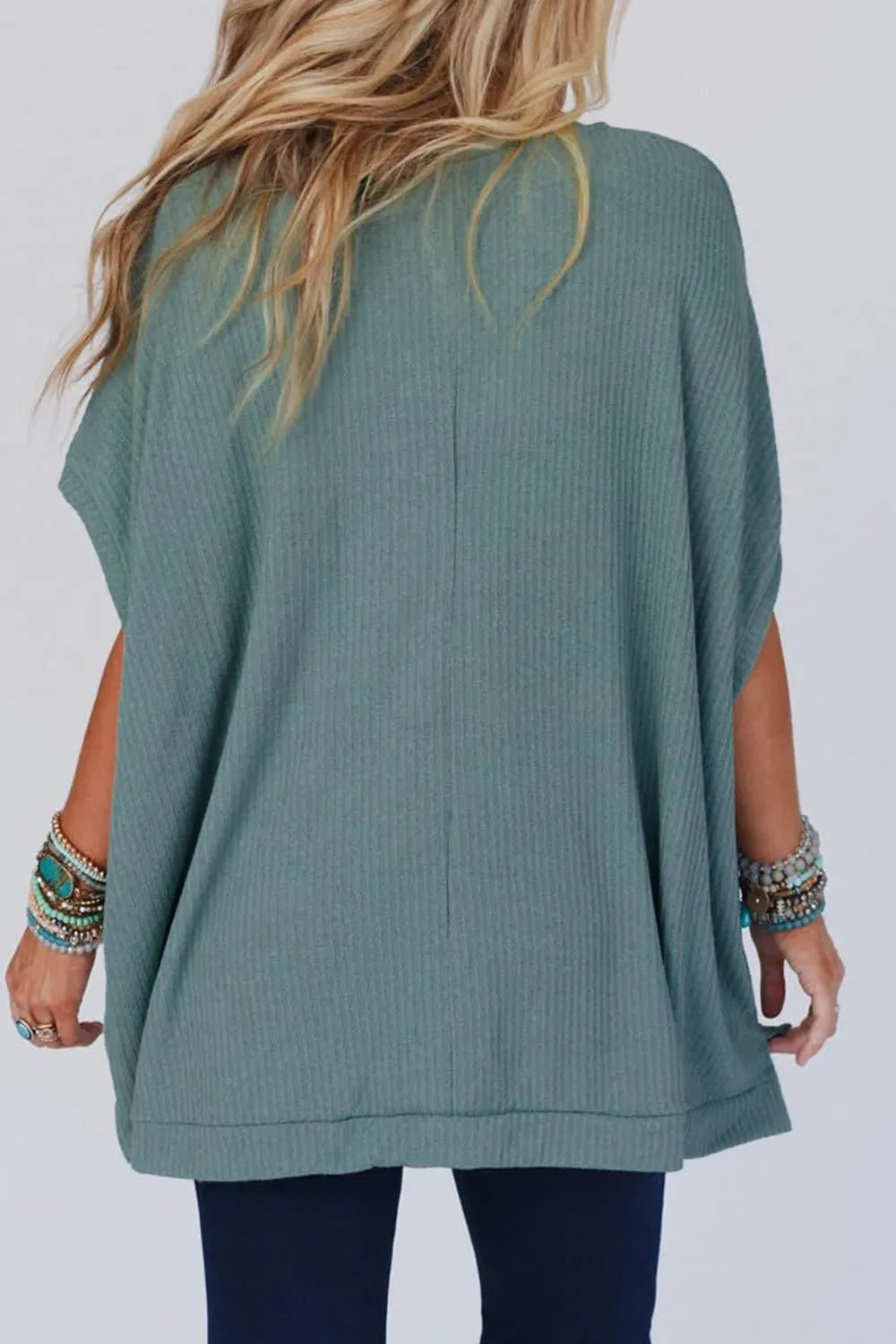 Oversized Ribbed Knit V Neck Dolman Short Sleeve Top