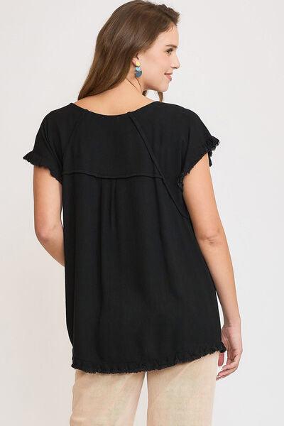 Umgee Full Size Seam Detail Linen Ruffle Fringe Edge Top Plus Size - Clothes For Her Online Store