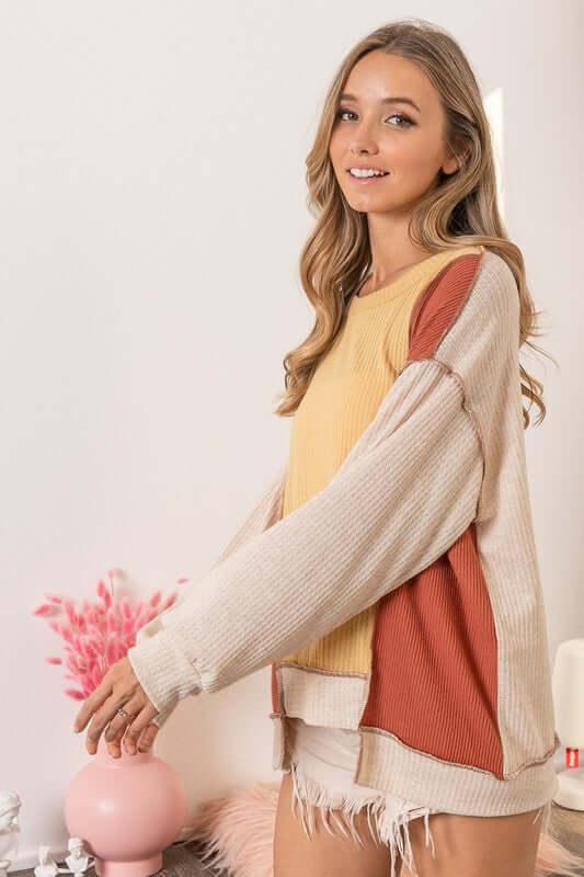 BiBi Waffle-Knit Exposed Seam Color Block Uneven Hem Top - Clothes For Her Online Store