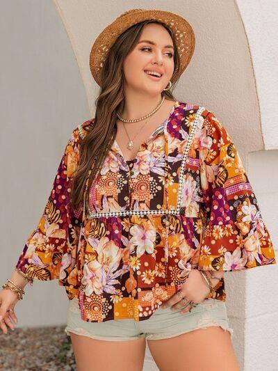 Plus Size Printed Tie Neck Blouse - Clothes For Her Online Store