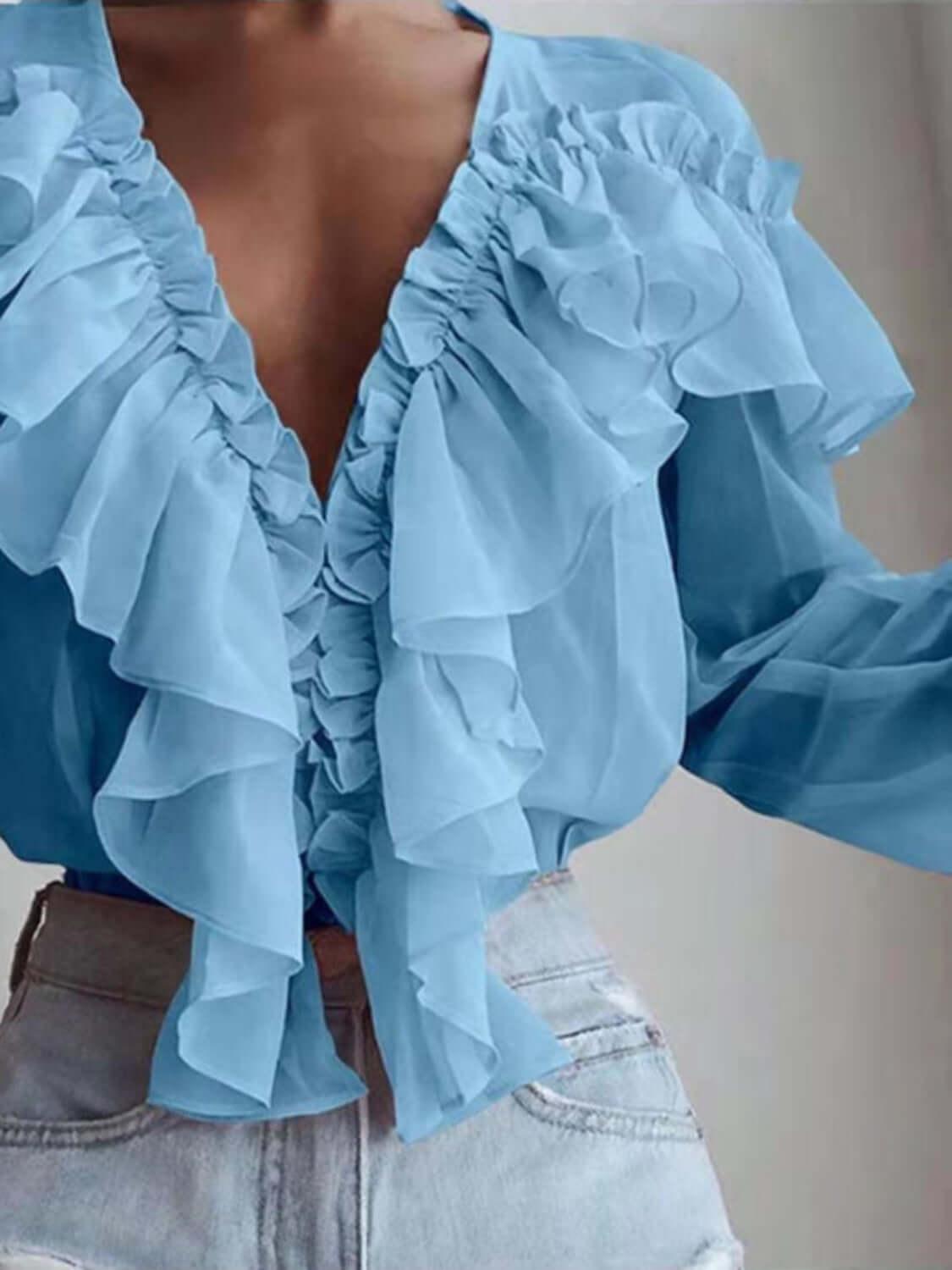 Ruffled V-Neck Long Sleeve Blouse - Clothes For Her Online Store