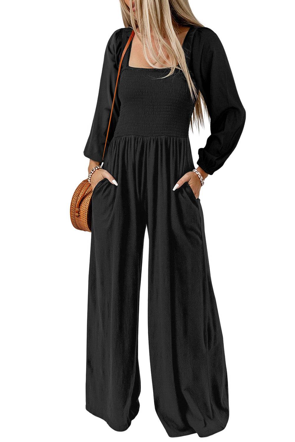 Square Neck Raglan Sleeve Jumpsuit with Pocket - Clothes For Her Online Store