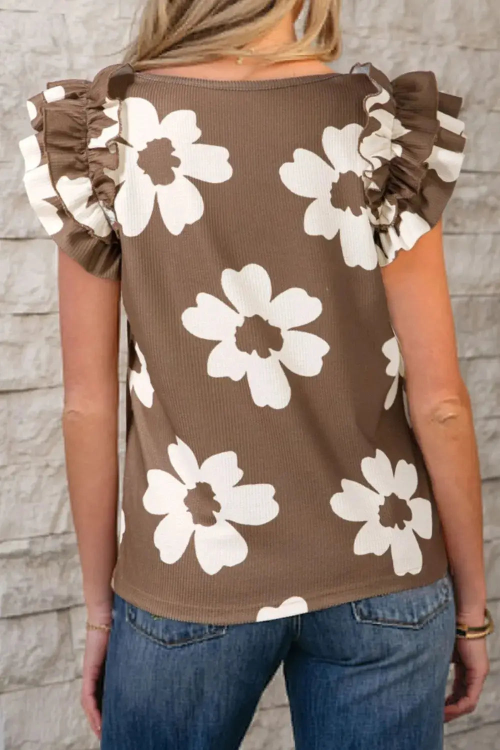 Floral Textured Ruffled Cap Sleeve Blouse - Clothes For Her Online Store